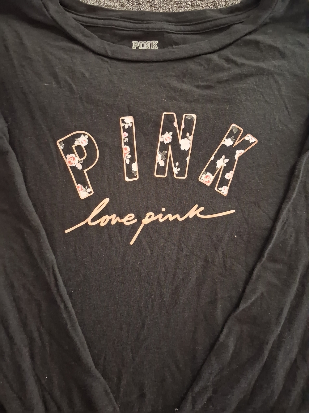 Womens PINK Victoria's Secret Love Pink Black Floral Logo Long Sleeve Tee